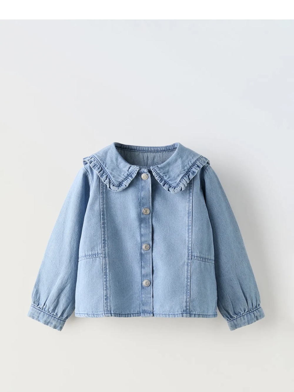 Zara Light Blue Denim Jacket with Ruffle Collar